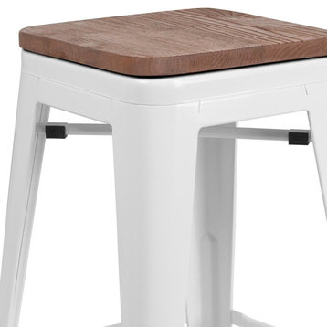 24" High Backless White Metal Counter Height Stool with Square Wood Seat