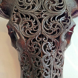 Hand Carved Skull - Water Buffalo, Filigree Design, Stained Black - Artwork