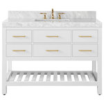 Ancerre Designs - Elizabeth Bath Vanity Set, White, 48", Gold Hardware, Without Mirror - The Elizabeth Collection is a pure transitional design that brings balance & harmony to any space. From selecting quality wood to using the most durable soft-close hardware, no details were overlooked in crafting the Elizabeth 48 in. Vanity Set. The vanity set includes a furniture style cabinet, a thick imported Italian Carrara White marble top with a 4 in. backsplash, wide rectangular under mount basin, solid wood dovetailed drawer boxes, soft-close doors & drawers and gold finish hardware. Complete the look with our mirrors which are sold separately (M-28-W).