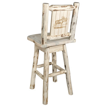 Montana Barstool & Swivel With Laser Engraved Moose, Clear Lacquer Finish, Lacqu