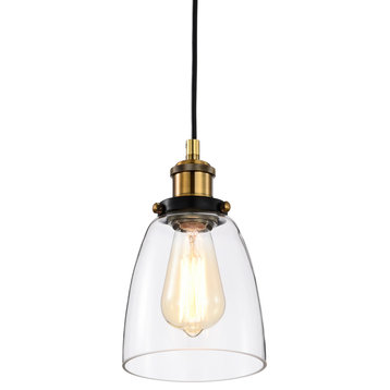 1-Light Black and Antique Brass Mini Pendant Light With Clear Bell Glass Shade