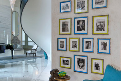 Inspiration for a mid-sized transitional open concept porcelain tile family room remodel in Other with multicolored walls, a standard fireplace and a stone fireplace