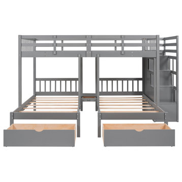 TATEUS Twin Bunk Bed, Wood Triple Bunk Bed with Drawers and Guardrails, Gray