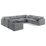 Meridian Furniture - Indulge Upholstered Modular U-Shaped Sectional, Grey, 8-Piece: 4 Armless Chair, 4 Corner Chair, Down Stuffed Velvet - Experience ultimate comfort and style with our grey velvet Indulge Sectional. The luxurious velvet will elevate the aesthetic of any room. This sofa provides ample space for you to relax while its modular build offers the option of unlimited configurations. Whether you're looking to add a stylish element to your living room or a comfortable seating option to your bedroom, this sofa is the perfect choice.