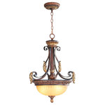 Livex Lighting - Villa Verona Inverted Pendant, Verona Bronze With Aged Gold Leaf Accents - The Villa Verona collection of interior lighting features handsomely styled ironwork complete with scrolling details. This pendant features a verona bronze finish with aged gold leaf accents and rustic art glass. Display casual, traditional style with this beautiful fixture.
