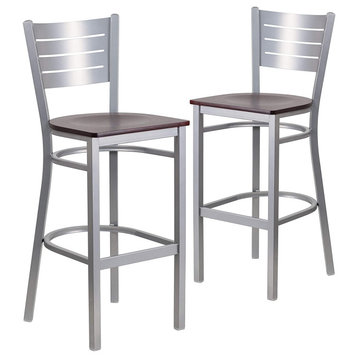 Set of 2 Bar Stool, Silver Metal Frame With Ladder Backrest, Mahogany Wood Seat