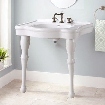 White Console Bathroom Sink Wall Mount 32.5" W with Overflow and Faucet Holes