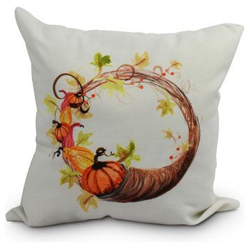 Cornicopia Wreath Fall Print Outdoor Decorative Throw Pillow, Cream, 16"