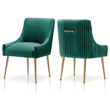 Glam Pleated Velvet Dining Chair Set of 2, Tufted Side Accent Kitchen Chair, Deep Green