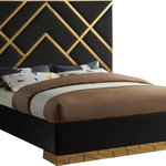 Meridian Furniture - Vector Upholstered Bed, Black, Queen, Velvet - Take your bedroom space to a whole new modern level with this Vector black velvet queen bed. Posh velvet upholstery in a lovely black color is intersected by polished gold metal in a geometric design that is nothing short of spectacular. This stunning bed has a gold metal base to finish off the presentation on a glamorous and upscale note. Full slats are included with the bed to help provide support for your mattress, and the platform footprint ensures you need no box springs or foundation to recreate this look at home.