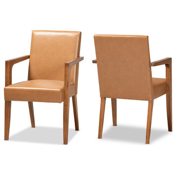 Annett Mid-Century Modern Tan Faux Leather and Walnut Armchair, Set of 2