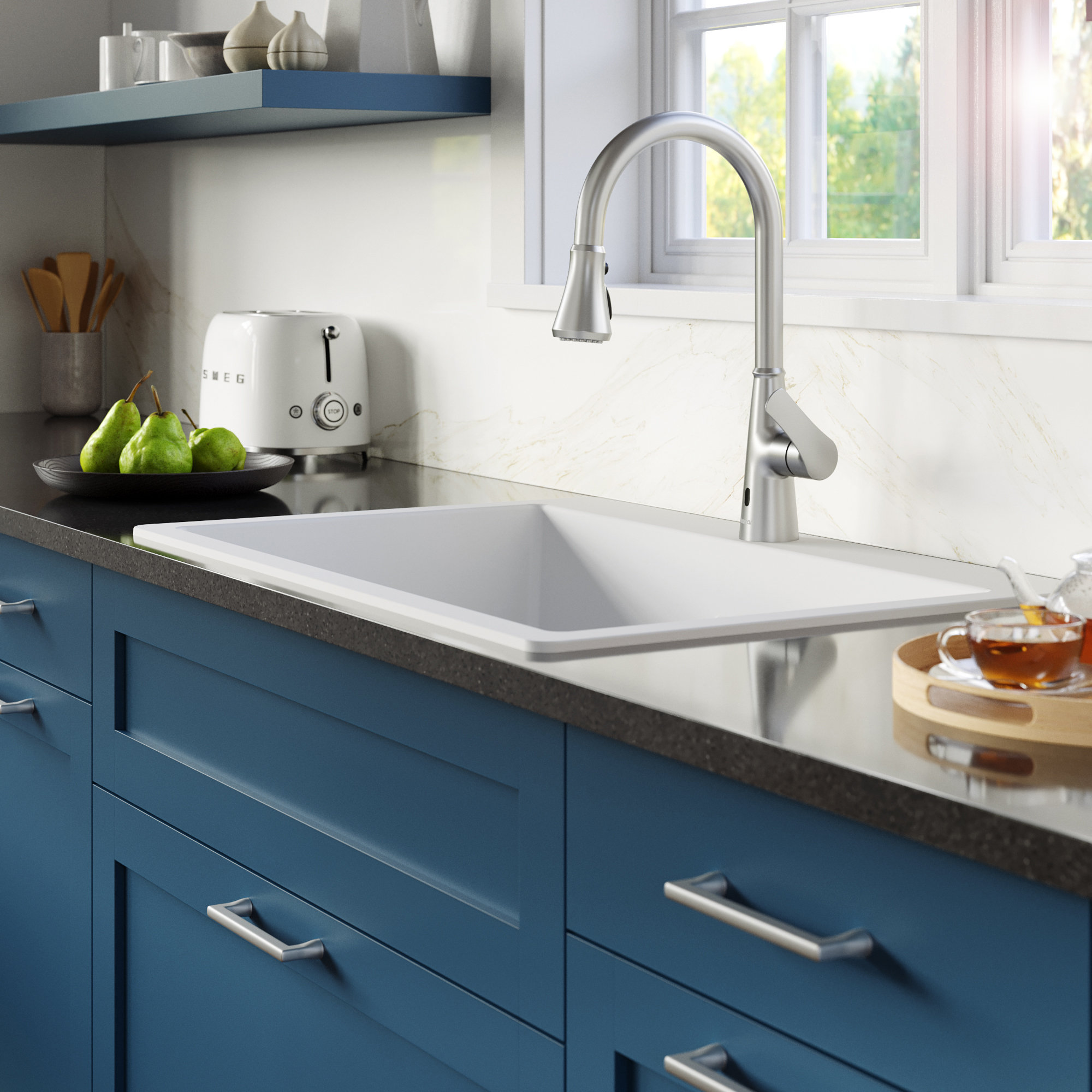 Karran 33" Top Mount Double Equal Bowl Quartz Kitchen Sink, White