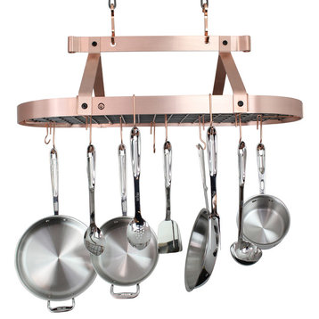 Handcrafted 36" French Oval Ceiling Pot Rack w 18 Hooks Brushed Copper