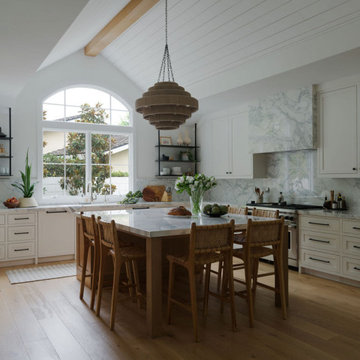 Vaulted Organic Modern Kitchen with Plaster Hood and Waterfall Island