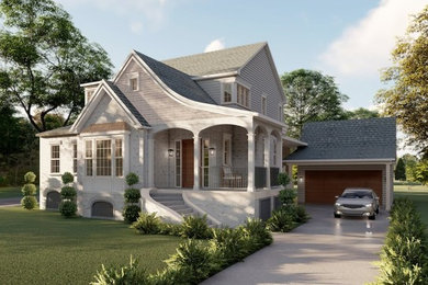 Inspiration for a mid-sized contemporary beige two-story brick exterior home remodel in Houston with a shingle roof