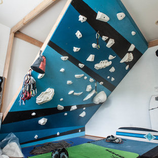 Inspiration for a small modern home climbing wall in Hawaii with white walls and bamboo flooring.