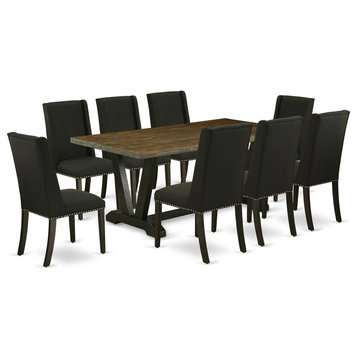 East West Furniture V-Style 9-piece Wood Dining Room Table Set in Black Finish