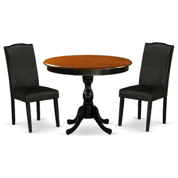 AMEN3-BCH-69 - Dining Table and 2 Black PU Leather Padded Chairs - Black Finish