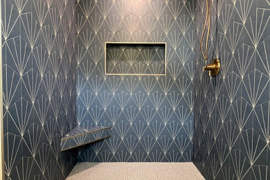 Mid-sized trendy master white tile mosaic tile floor, white floor and single-sink bathroom photo in Sacramento with furniture-like cabinets, blue cabinets, a two-piece toilet, an undermount sink, quartz countertops, white countertops and a built-in vanity