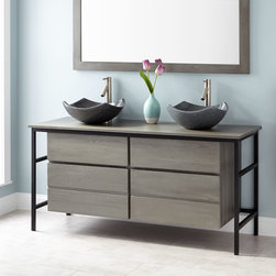 60" ALAIN TEAK DOUBLE VESSEL SINK VANITY - GRAY WASH - Bathroom Vanities And Sink Consoles
