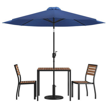 Lark 5 Pc Patio Set, 2 Stacking Chairs, 35" Square Table & Umbrella w/Base, Navy