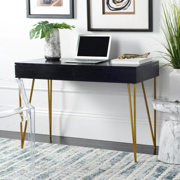 Contemporary Desk, Elegant Hairpin Legs & Handless Storage Drawers, Black/Gold