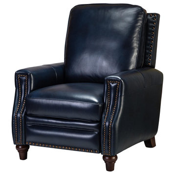 Comfy Cigar Genuine Leather Recliner With Nailhead Trim, Navy