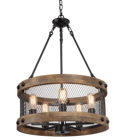 LNC 5-Light Farmhouse Distressed Wood and Matte Black Drum Chandelier 28"H