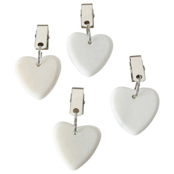 Natural Stone Hearts Table Cloth Weights on Clip Hangers, White, Set of 4