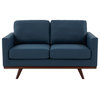 LeisureMod Chester Modern Leather Loveseat With Birch Wood Base, Navy Blue