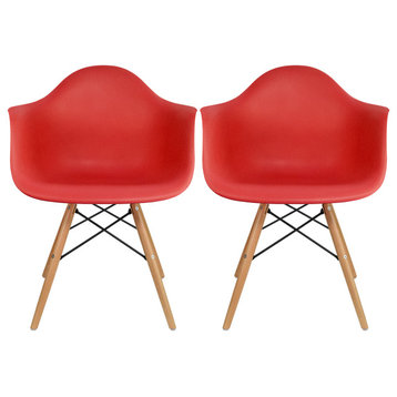 Set of 2 Modern Dining Plastic Side Chairs with Wood Wooden Cross Metal Legs, Red