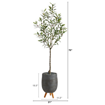 70" Olive Artificial Tree, Gray Planter With Stand