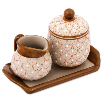 Novica Handmade Terracotta Feathers Ceramic Sugar Bowl And Creamer, 3-Piece Set