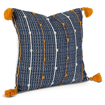18" Navy, Gold, and White Cotton Woven Square Throw Pillow