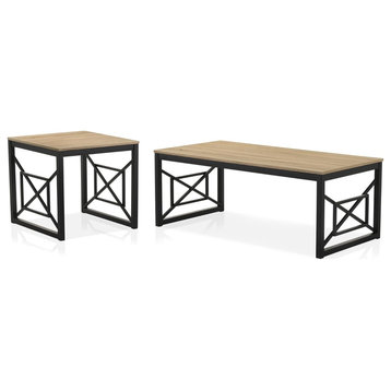 Transitional Coffee Table Set, Open Geometric Sides & Large Wood Top, Oak Brown