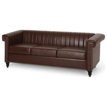 Elegant Sofa, PU Leather Seat, Rolled Arms & Dazzling Nailhead, Dark Brown