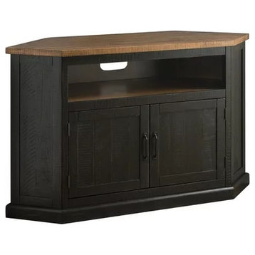 Rustic TV Console, Corner Design With Open Shelf and Cabinet, Antique Black/Honey