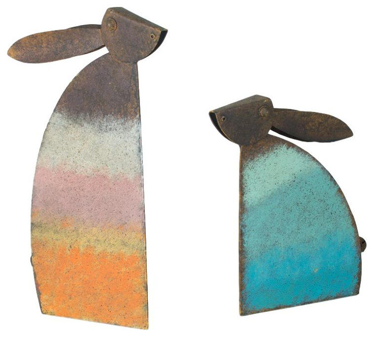 Farmhouse Rustic Colorful Metal Spring Rabbit Garden Figures, 2-Piece ...