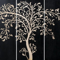 C-Wood Hand Carved Lacquer Branch 3-Part Wall Panel-Black - Picture Frames