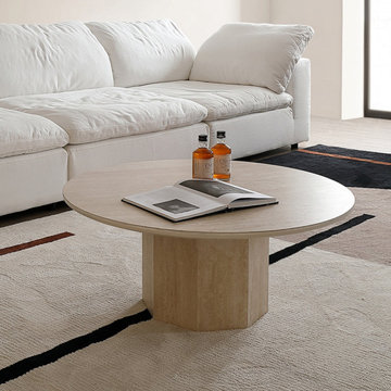 Serenity in Stone: A Japandi Round Coffee Table of Travertine Poetry
