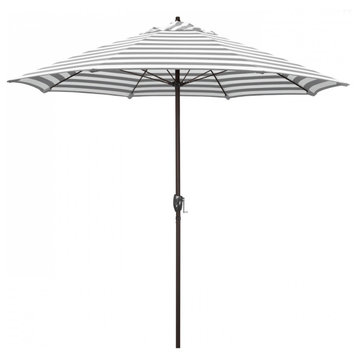 9' Patio Umbrella Bronze Pole Fliberglass Rib Auto Tilt Olefin, Gray White Cabana Stripe
