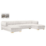 Meridian Furniture - Gwen Biscuit Tufted Velvet Upholstered 3 Piece Sectional, Cream - Settle in for family game night atop this Gwen velvet sectional that's upholstered with soft cream velvet material. This 3-piece sectional has a lot to offer, with its deep seating and extra wide design that gives you oodles of room to move around and get comfy. The tufted design of the arms, back, and seats adds to their durability and soft, welcoming touch. The sectional comes with two sets of legs in both gold and chrome to mesh nicely with other elements in your room.