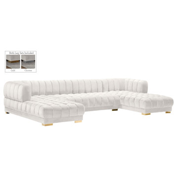 Gwen Biscuit Tufted Velvet Upholstered 3 Piece Sectional, Cream