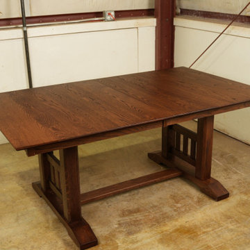 Solid Oak Mission-Style Trestle Dining Table — Full Stain and Finish Application