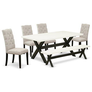 East West Furniture X-Style 6-piece Wood Dining Table Set in Black/Doeskin