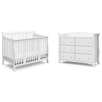 4-in-1 Convertible Baby Crib and 6-Drawer Double Dresser Set in Pure White