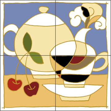 Ceramic Tile Mural Backsplash, Cup, Pot and Cherries, 12"x12"
