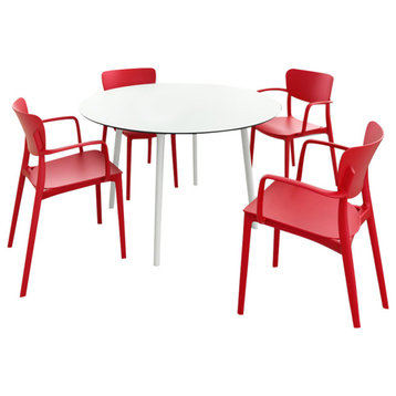 Lisa Round Dining Set With 47" White Table and Red Armcairs