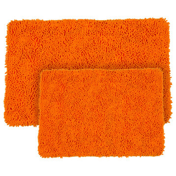 Bathroom Rugs 6PC Memory Foam Set Chenille Shag Top Non-Slip Base, Orange