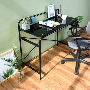 Computer Desk，Glass Surface Metal Frame Desk.